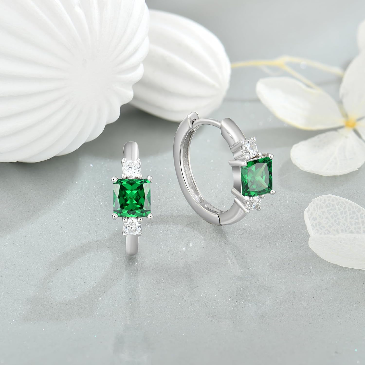 925 Sterling Silver Hoop Earrings for Women, 5x5MM Square Cut Birthstone Huggie Earrings, 18K White Gold Plated Jewelry for Women