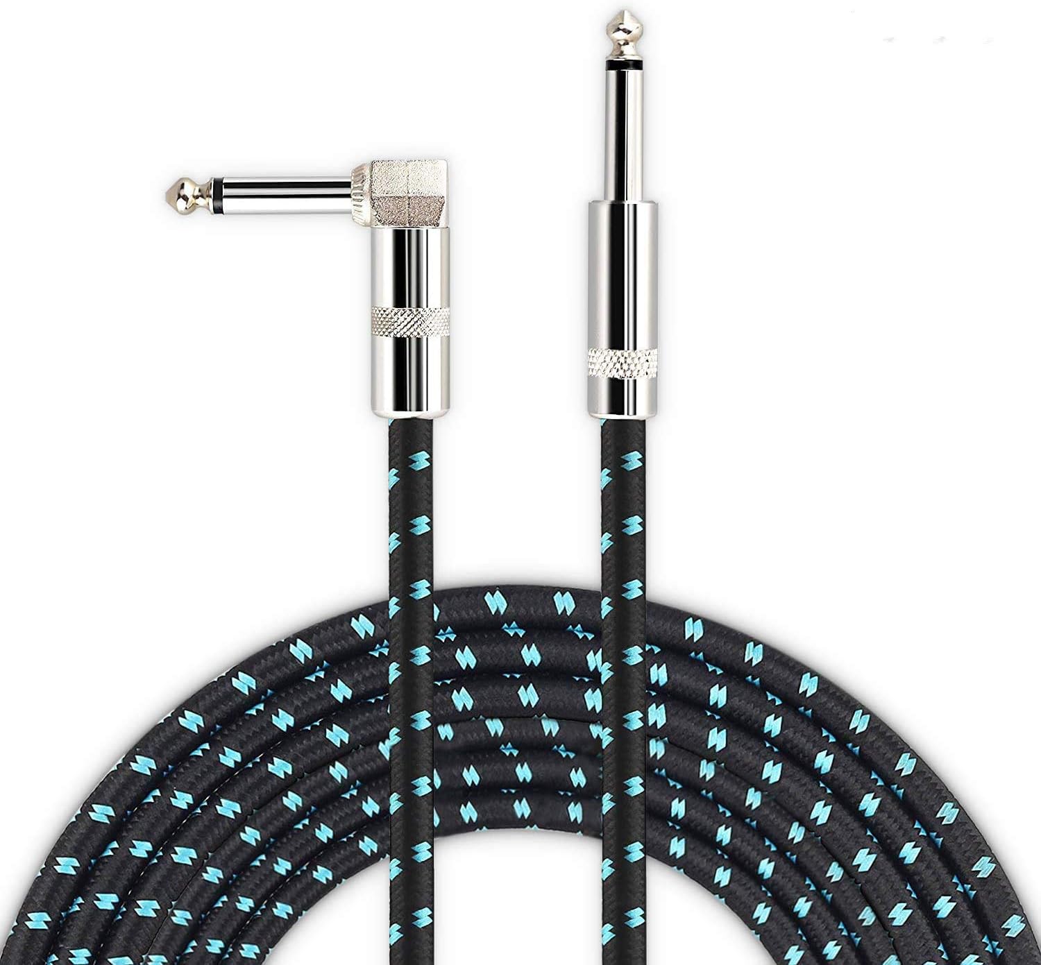 Guitar Cable, Mugig Professional Instrument Cord Electric Guitar AMP Cable 16ft/5m, 1/4" (6.3mm) TS Wire for Guitar/Bass/Keyboard/Mandolin, Right Angle to Straight, Nylon Woven (Cyan-Black)
