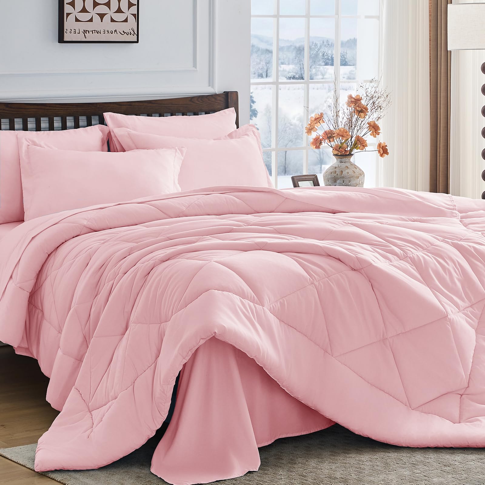 HEVUMYI 7-Piece Full Comforter Set, Pink Bed in a Bag