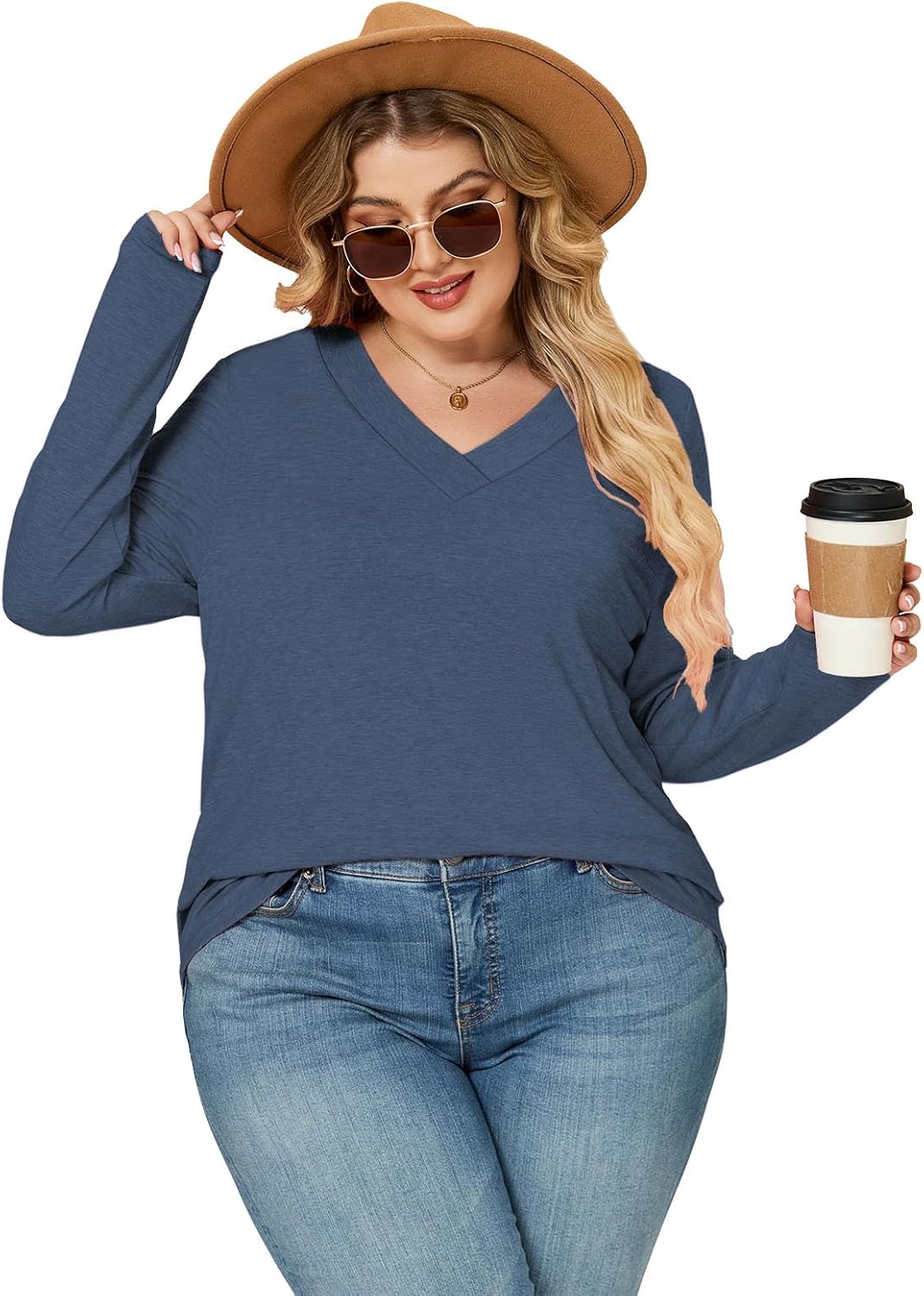 VISLILY Plus-Size-Tops for Women Trendy V Neck T Shirts Casual Long Sleeve Dressy Cute Blouses Loose Fit Tunics Tees XL-5XL - Image 5