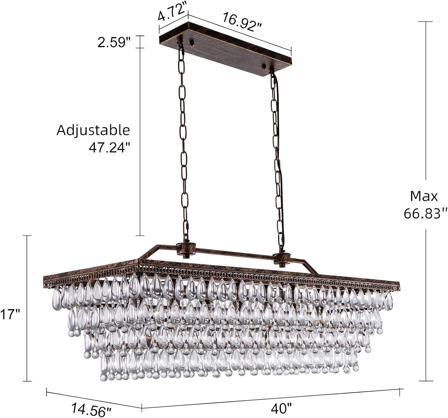 Wellmet Dining Room Crystal Chandelier 40 Inch Antique Bronze Rectangle Chandeliers 7 Lights Farmhouse Hanging Ceiling Large Light Fixtures for Kitchen Island, Living Room, Entryway