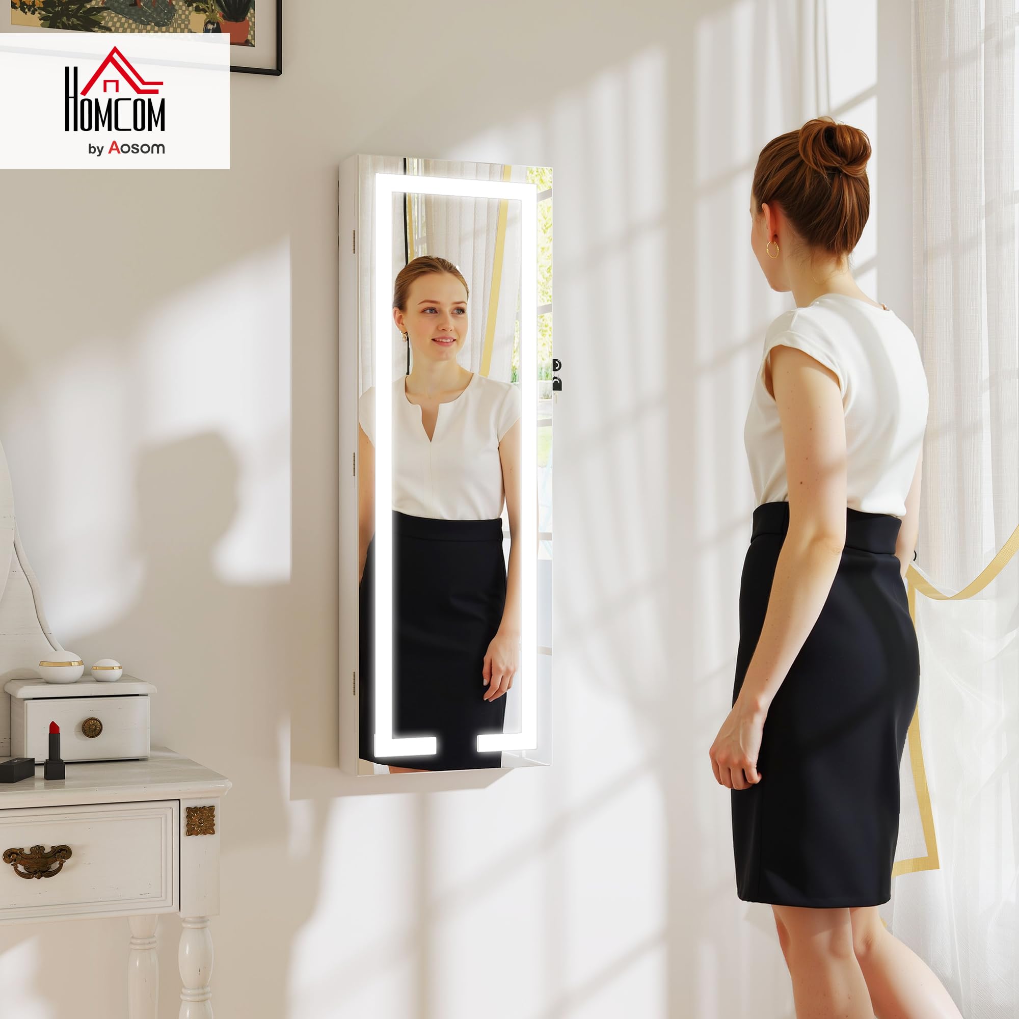 HOMCOM Espejo Joyero de Pared con Luces LED y Cerradura, Armario para Joyas Colgante, Blanco y Forro Crema