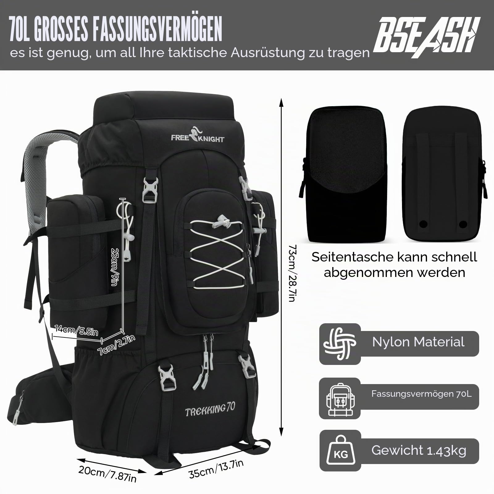 Bseash 70L (65+5) Wasserdichter Wanderrucksack mit Regenschutz, Outdoor-Sport, Reisen, Tagesrucksack für Klettern, Touren (Schwarz)