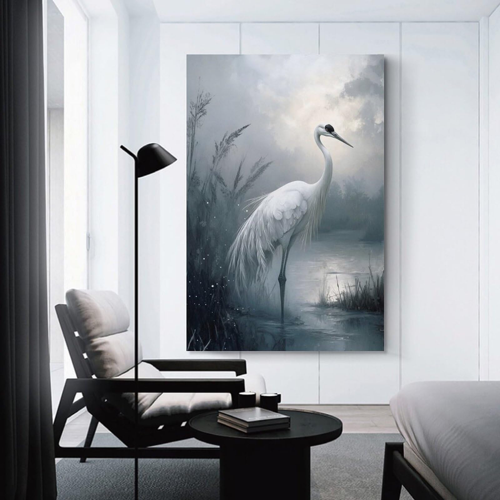 Junmoney Unframe-Style Elegant White Crane In Misty Waters Home Decor Wall Art 08X12inch(20X30cm), For Lounge, Study, Hallway Or Flat Walls, Stylish Home Artwork For Focal Walls