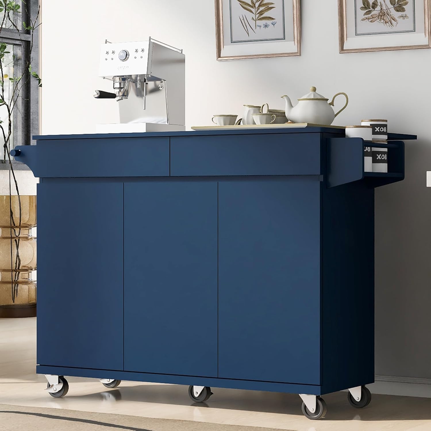 Kitchen Island with Drop Leaf, Rolling Storage Cart with 2 Drawers, Spice Rack, Towel Rack, Adjustable Shelves, MDF, for Kitchen, Dining Room, Living Room, Navy Blue (53.15W x 27.56D x 36.33H in)