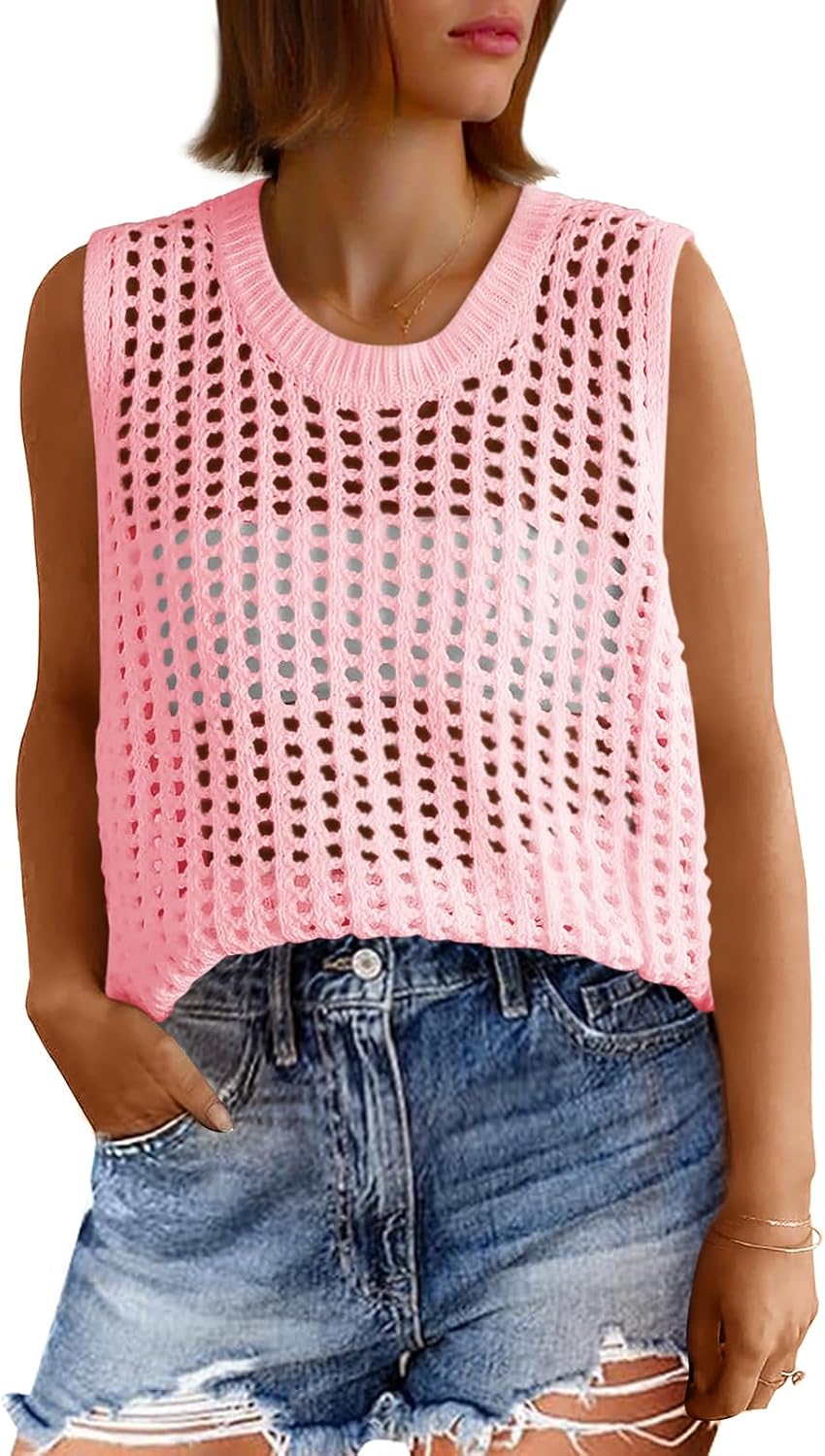 Fisoew Womens Summer Crochet Tank Tops Sleeveless Scoop Neck Loose Knit Sweater Vest Boho Hollow Out Beach Cover Ups