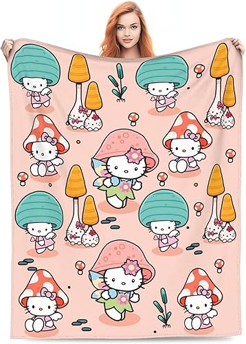 Manta de gatito de hongos rosados, manta suave de microforro polar mullida para dormitorio, sala de estar, sofá, oficina, viajes, automóvil, regalo