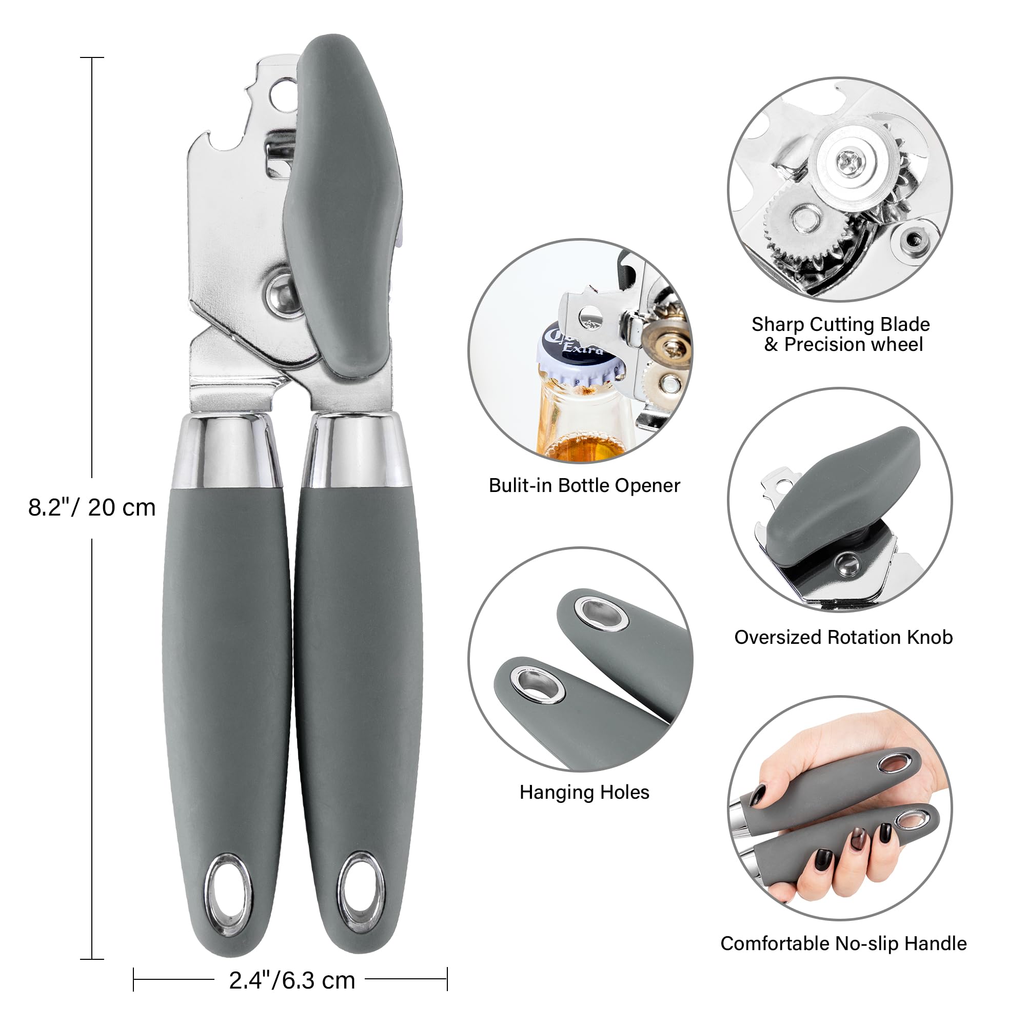 Apriscatole, professionale 3 in 1 multifunzionale, in acciaio inox, resistente, impugnatura ergonomica, durevole, con bordo liscio, con manopola girevole per anziani con artrite cucina