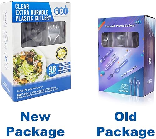 Miniatura 8 de EDI Juego de cubiertos de plástico transparente, 32 tenedores, 32 cuchillos, 32 cucharas (6)