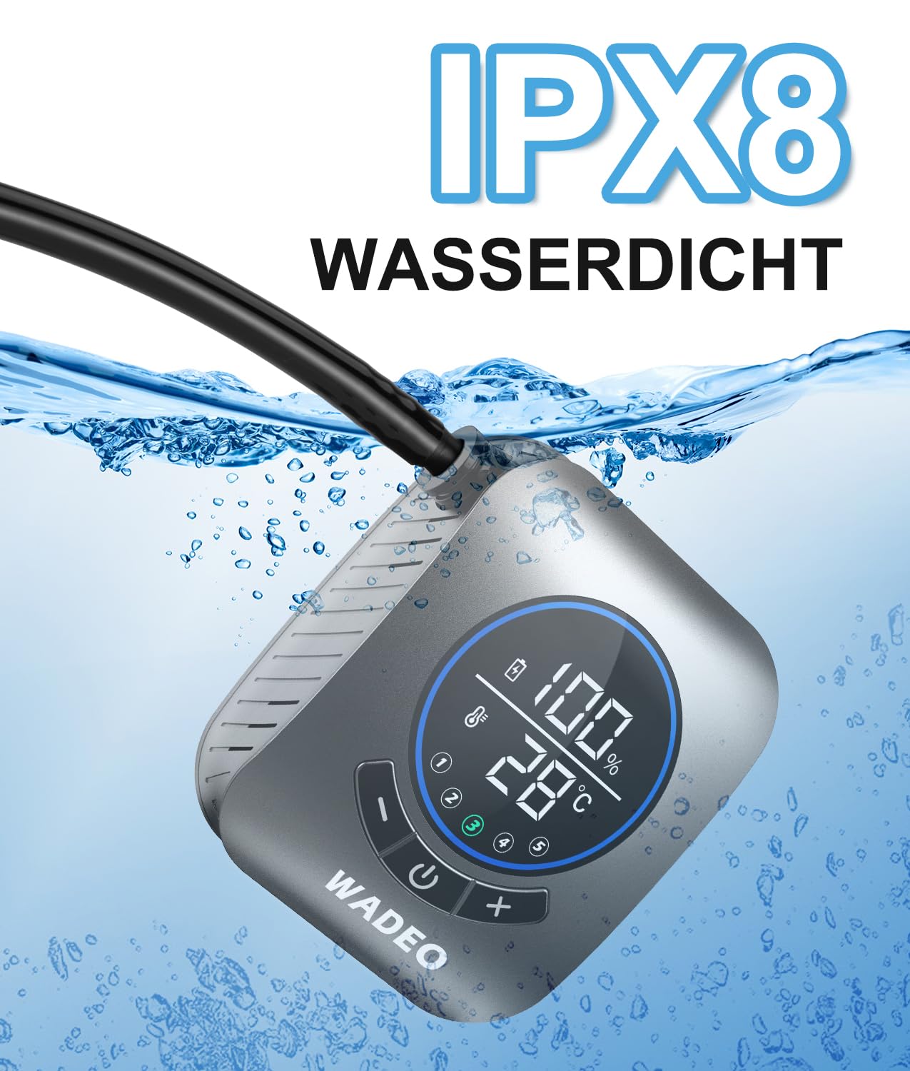 WADEO Tragbare Dusche mit Pumpe, 8000mAh wiederaufladbare Campingdusche mit LED-Anzeige, Schnellkupplungsschlauch, 4 Sprühmodi, IPX8 wasserdichte Outdoor-Camp-Pumpe für Wandern Camping Reisen Auto
