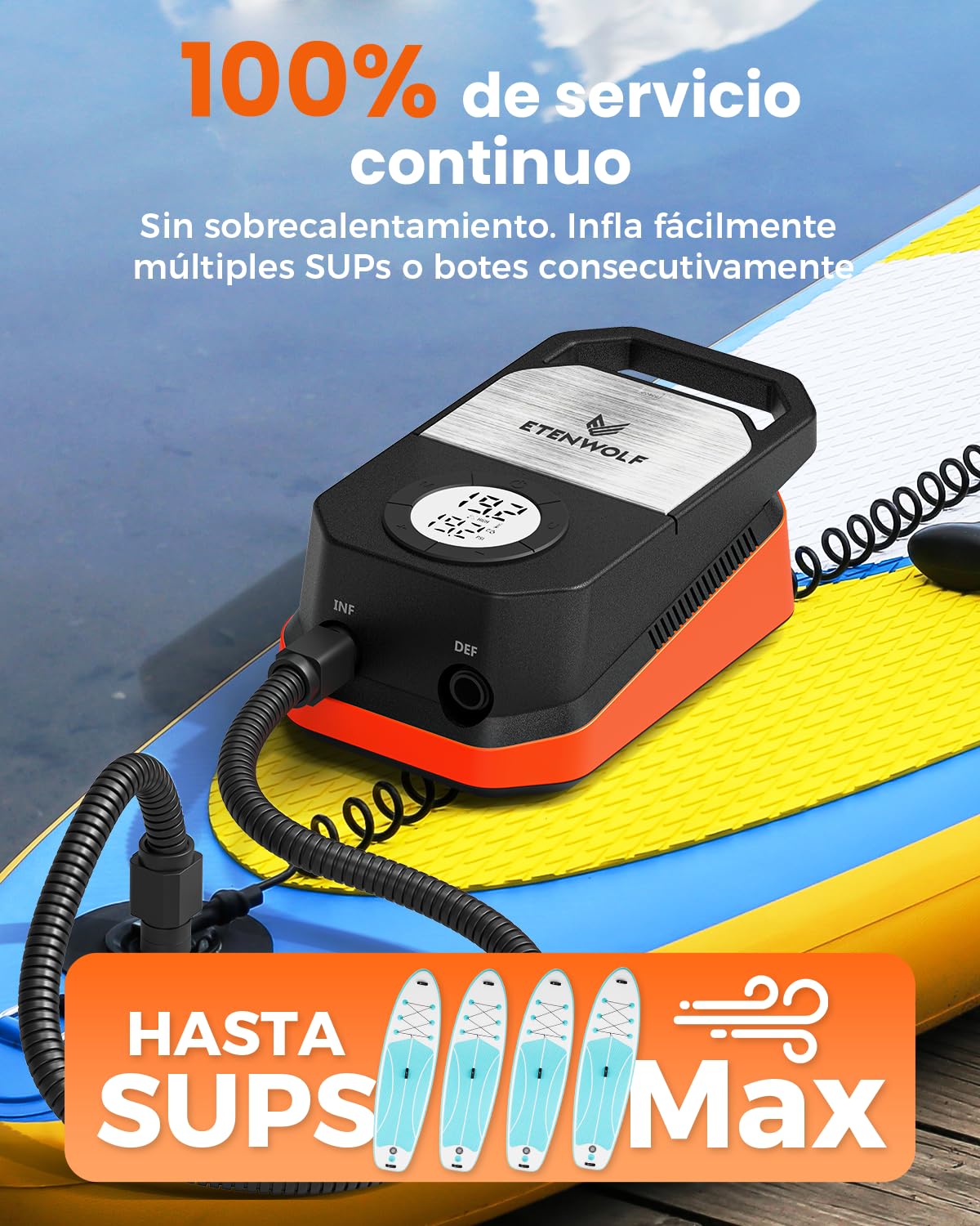 ETENWOLF S4 Inflador Paddle Surf Electrico - 1,4 Bar de Alta Presión 12V CC | Bomba de Aire con Parada Automática y Deflación - 4 Veces Más Rápida - para Barco, Stand Up Paddle Board y Kayak