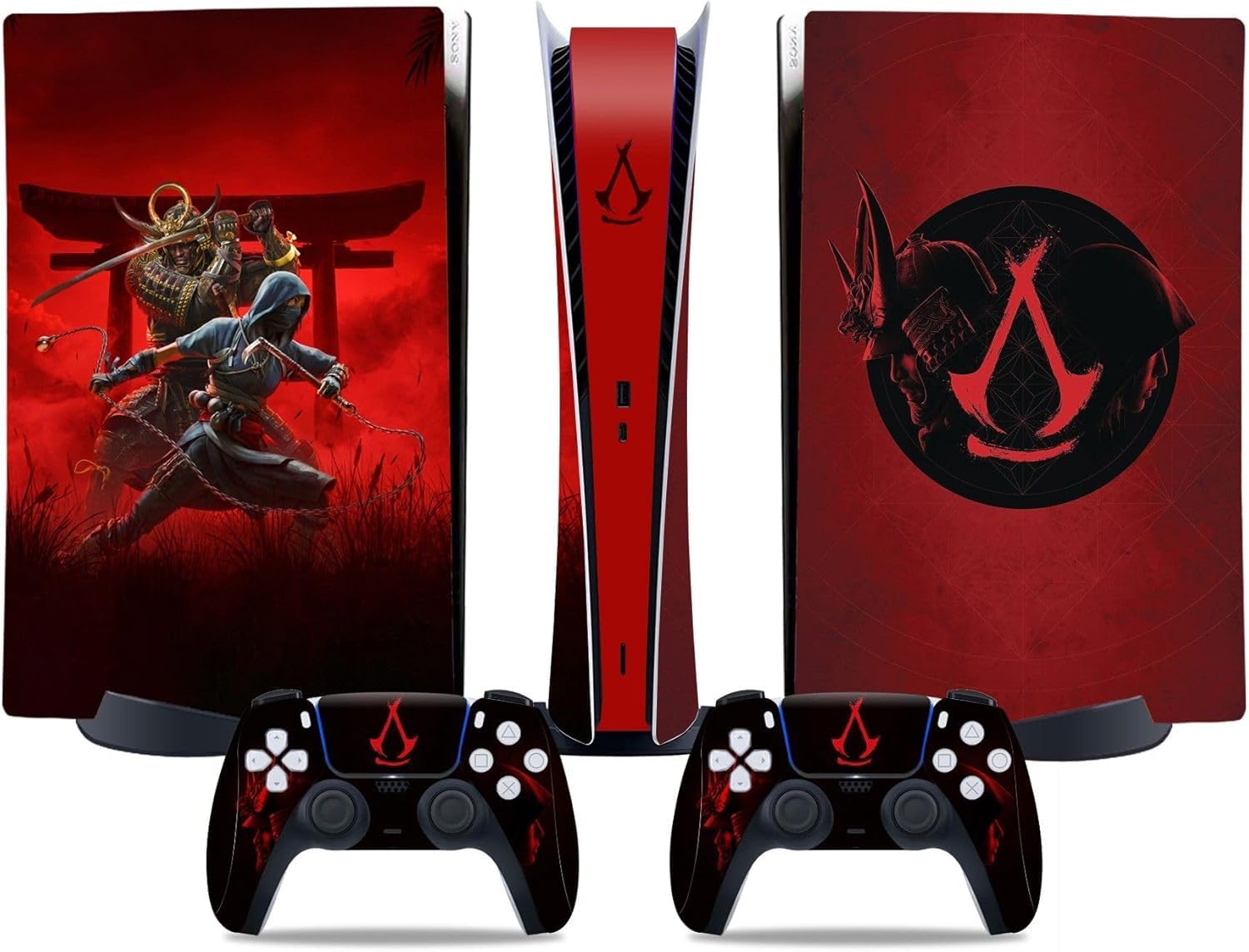 MaD Vision Extra-Durable Skin Kit for PlayStation 5 (PS5) Digital | Set of Matte Vinyl Adhesive Films for the Console and 2 Controllers - for ACS|Assassin's Creed Shadows Design - 1