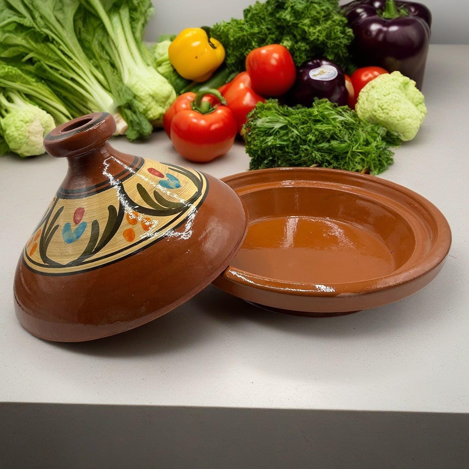 Tajine XL In Terracotta Dipinta A Mano 35 Cm, Pentola Marocchina Da 5-6 Persone, Con Coperchio Conico Per Cottura Lenta, Ideale Per Stufati E Ricette Nordafricane, + Ebook Ricette Incluso