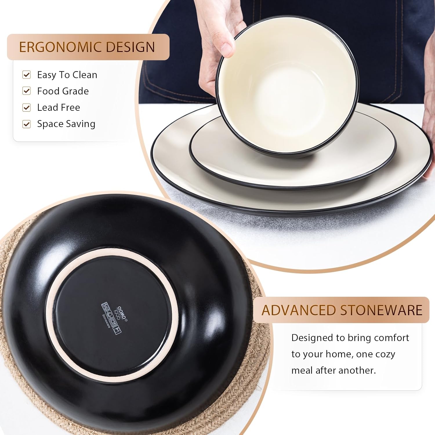 Plates and Bowls Sets for 4 - CJDC-QUELO 16-Piece Stoneware Dinnerware Sets, Ceramic Dishware Set for Indoor Kitchen Use and Formal Dining, Chip and Scratch Resistant Microwave Dishwasher Safe, Ivory - Image 4