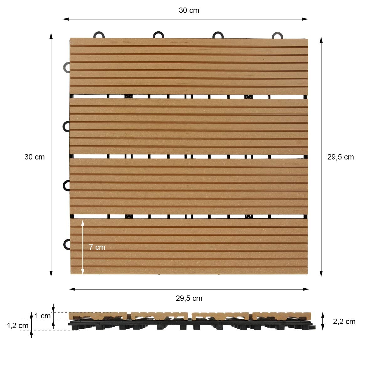 ECD Germany WPC Terrassenfliesen 30x30 cm/11 Fliesen=1m², Teak, geriffelt, Holzoptik, Bodenbelag mit Klicksystem und Drainage, Terrassendielen Balkonfliesen, Klickfliesen für Terrasse Garten Balkon