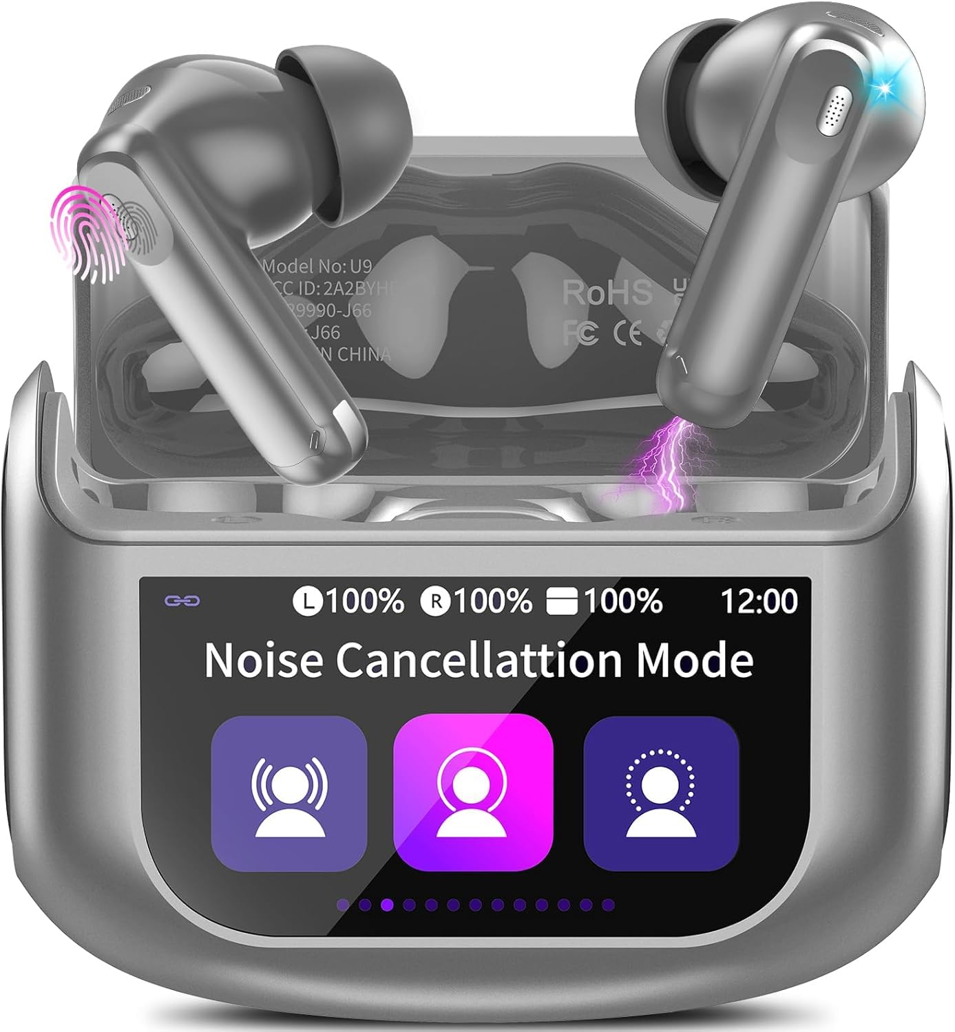 Wireless Earbuds, Bluetooth 5.4 Ear Buds with Multifunctional Touch Screen, 48H Bass Stereo Headphones with ANC/ENC Noise Cancelling/Transparency Mode, IP7 Earphones with 5 EQ Modes, Grey