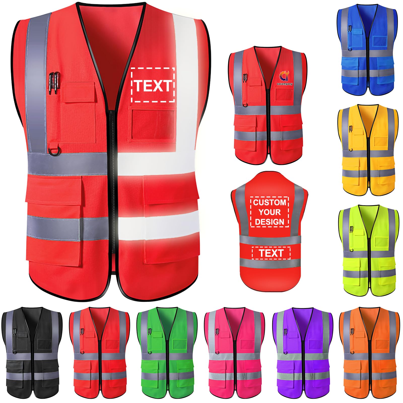 YAEILOV Custom Safety Vest for Men High Visibility Protective Workwear 5 Pockets With Reflective Strip Personalized Your Text/Logo/Image Safety Accessories for Outdoor Works(Red,XXXL)