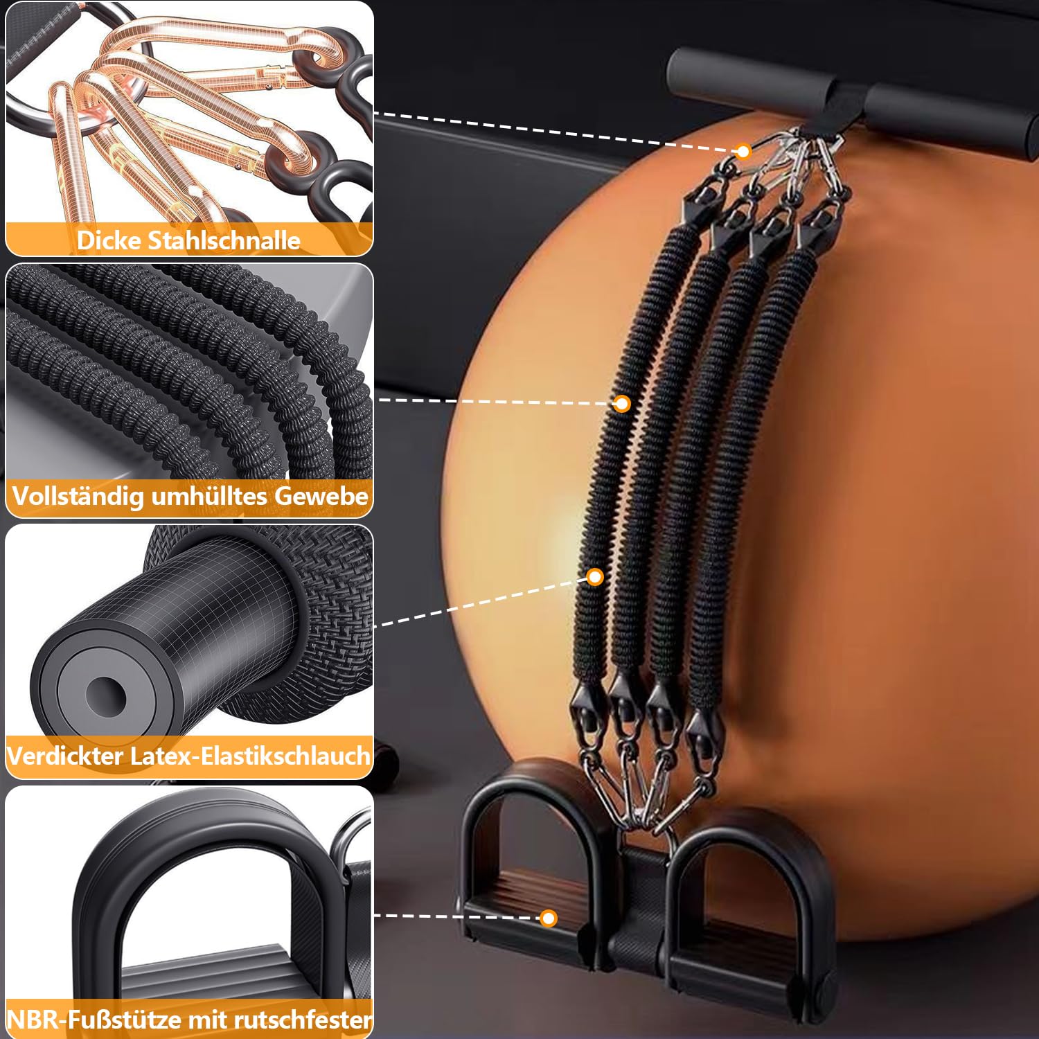 2026 Widerstandsband mit Griff Set, 45kg Einstellbar Sit-Up Trainingsgerät, 4-Rohr Pedalwiderstandsgerät Resistance Bands mit Trainingsanleitung - Bauchtrainer Fitnessgeräte für Zuhause