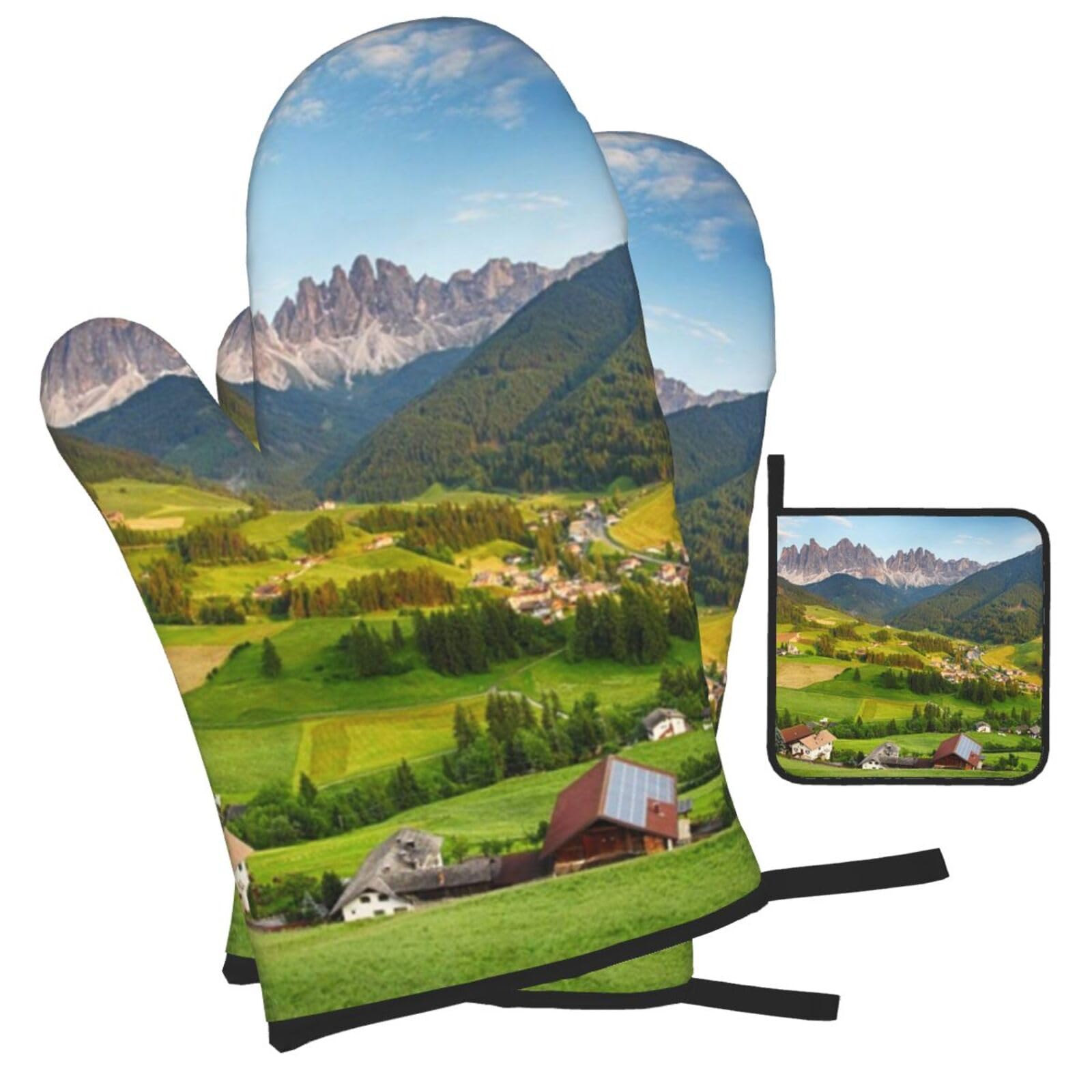 Village Scenic Printed Oven Mitts and Pot Holders Heat Resistant Set of 3 Pcs, Modern Kitchen Gloves & Potholders for Cooking Baking Grilling