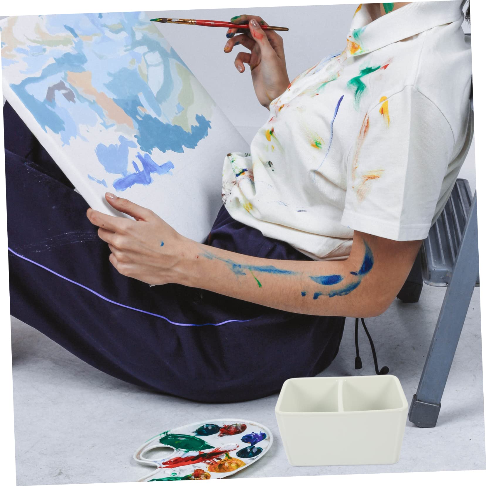 Operitacx arandela de Cepillo de cerámica Cepillo de Pintura para niños Bandeja de Pintura de caligrafía Pinceles Pintar tintero Plato de Tinta de caligrafía Porcelana Blanca Suite