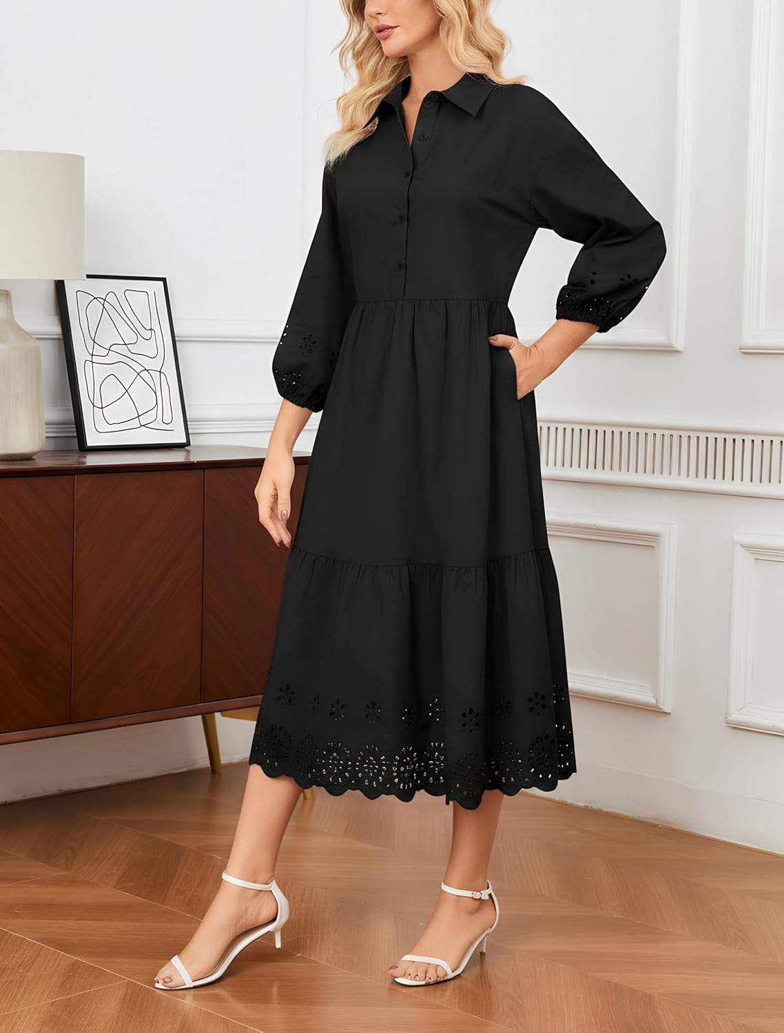 Ladyful Elegant Cotton Shirt Dress for Women Button Down 3/4 Sleeve Hollowed Out Eyelet Flowy Midi Maxi Dress - Image 4