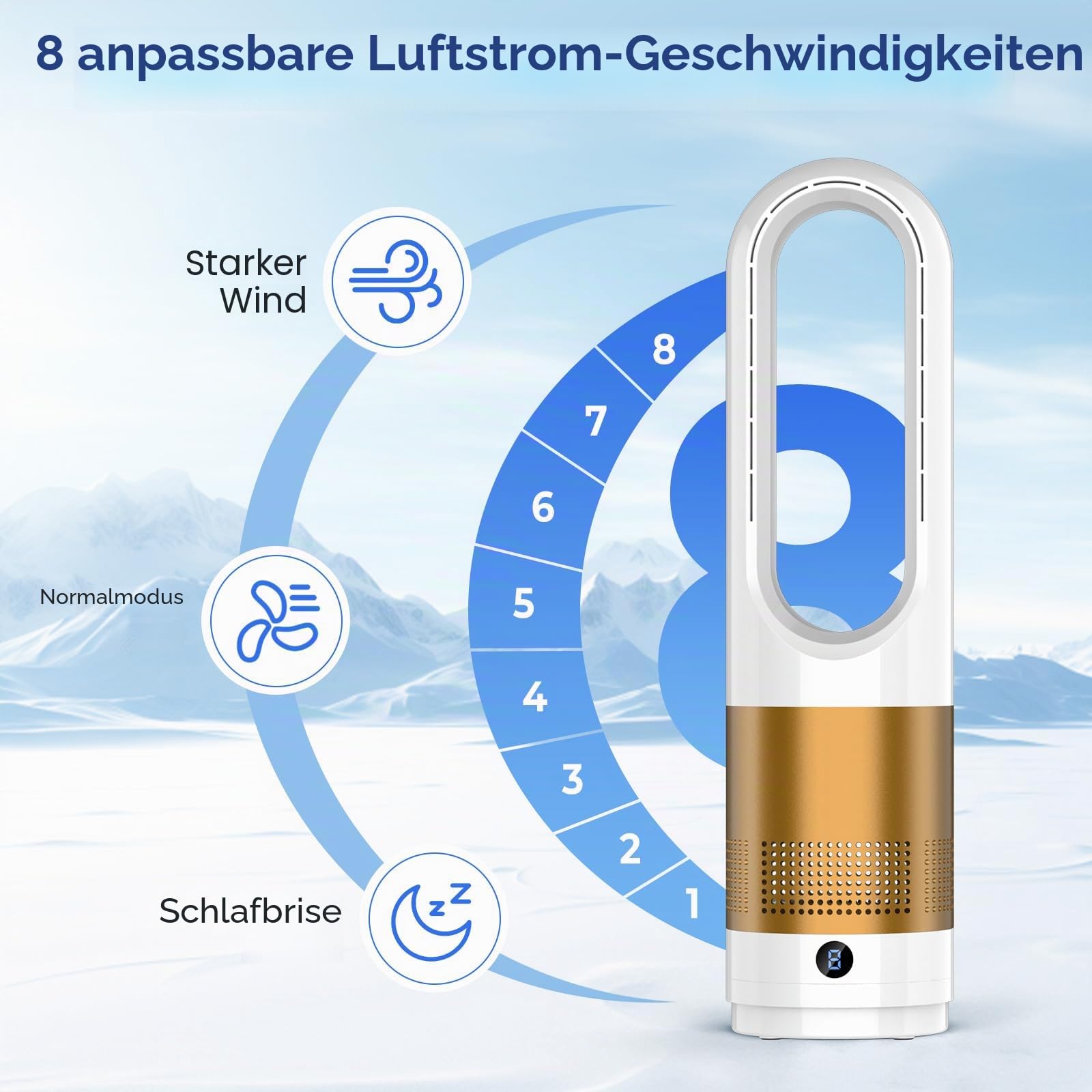 IERAKOR Rotorloser Turmventilator 56cm, Ventilator Leise (Gold) | 8 Geschwindigkeiten, 80° Oszillation, 8H Timer, mit Fernbedienung, sicheres Design für Kinder, für Schlafzimmer und Büro