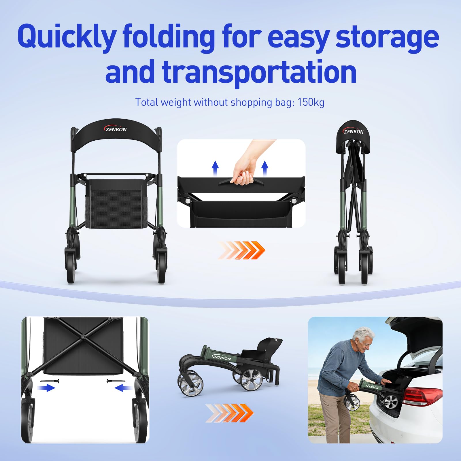 Andador de Carbono Plegable Ultraligero 5.5kg: Andador Plegable y Ligero con Asiento para el Hogar, Andador Plegable para Personas Mayores - Andador Plegable para Interior