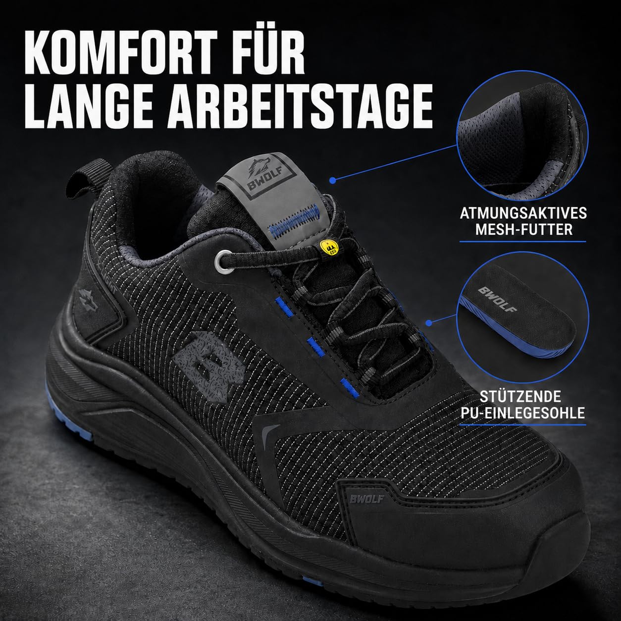 BWOLF Turbo REF S3S Sicherheitsschuhe Unisex – Leichte Arbeitsschuhe mit Komposit-Zehenkappe, metallfreiem Durchtrittschutz, ESD, SR und FO