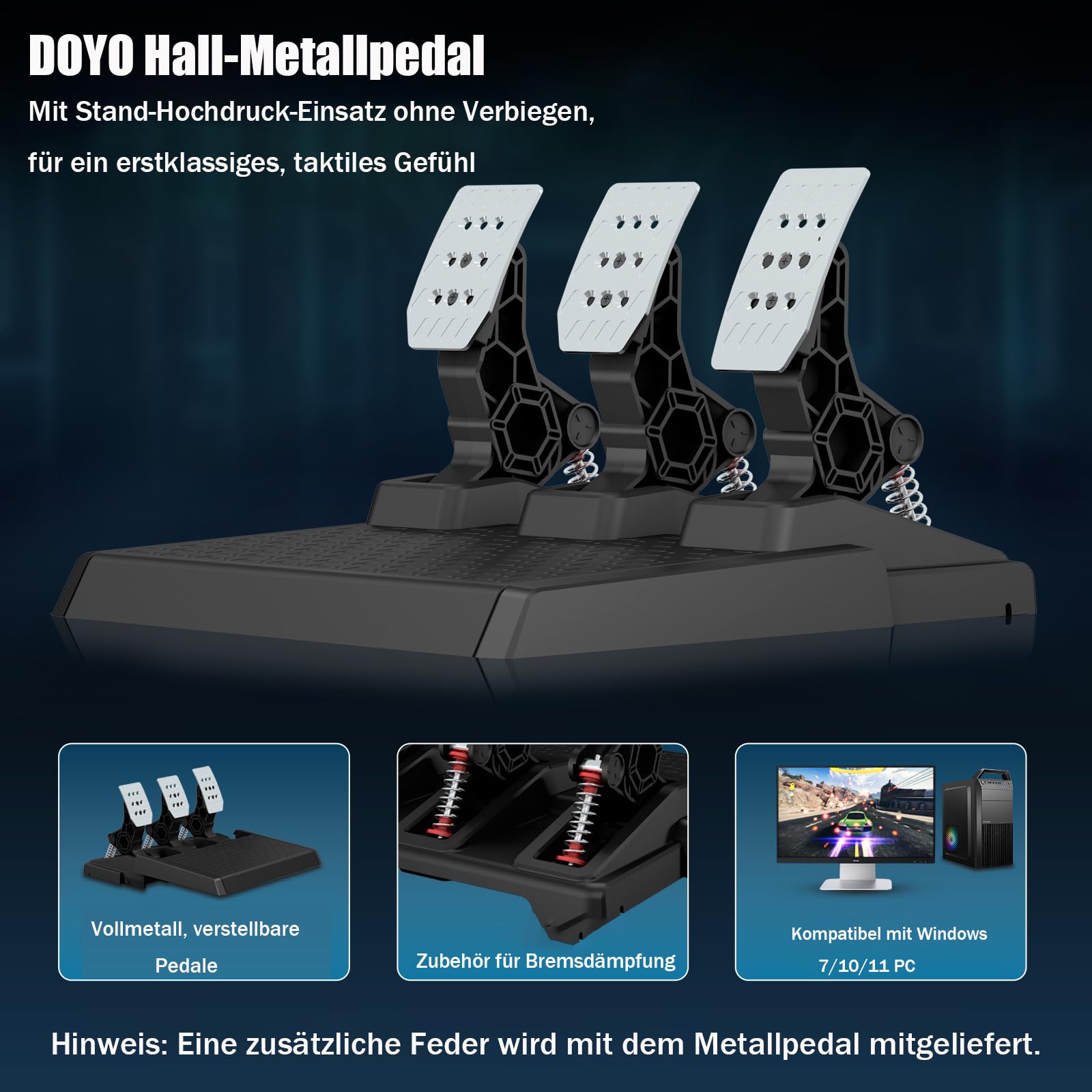 DOYO Racing Pedale PC Gaming Lenkrad 3-Pedal Set, Austauschbare Federn, Einstellbarer Bremswiderstand, Hall-Technologie