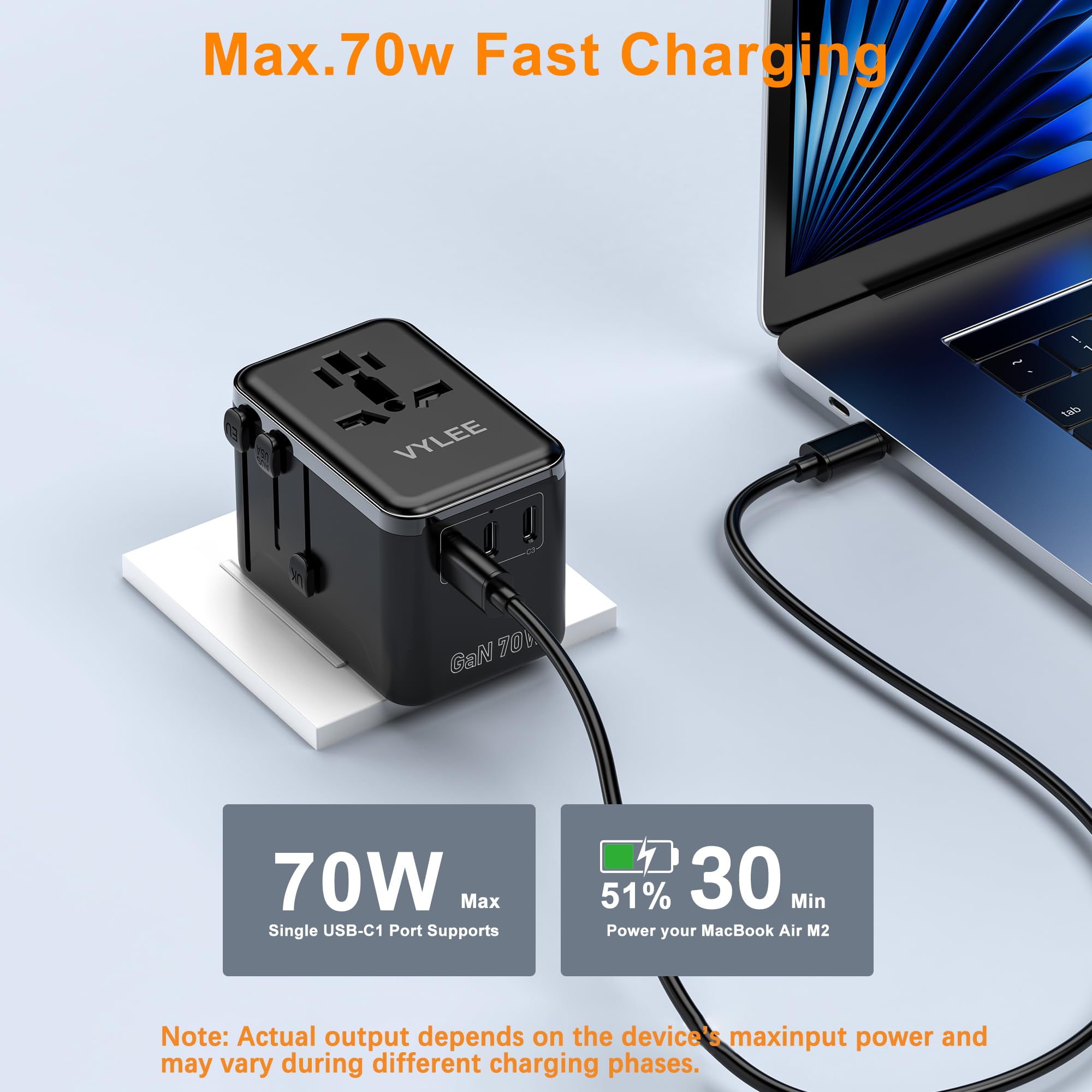 Universal Travel Adapter VYLEE 70W International Plug Adapter with PD Fast Charging 5-Port 1 AC 1 USB-A 3 — view 3