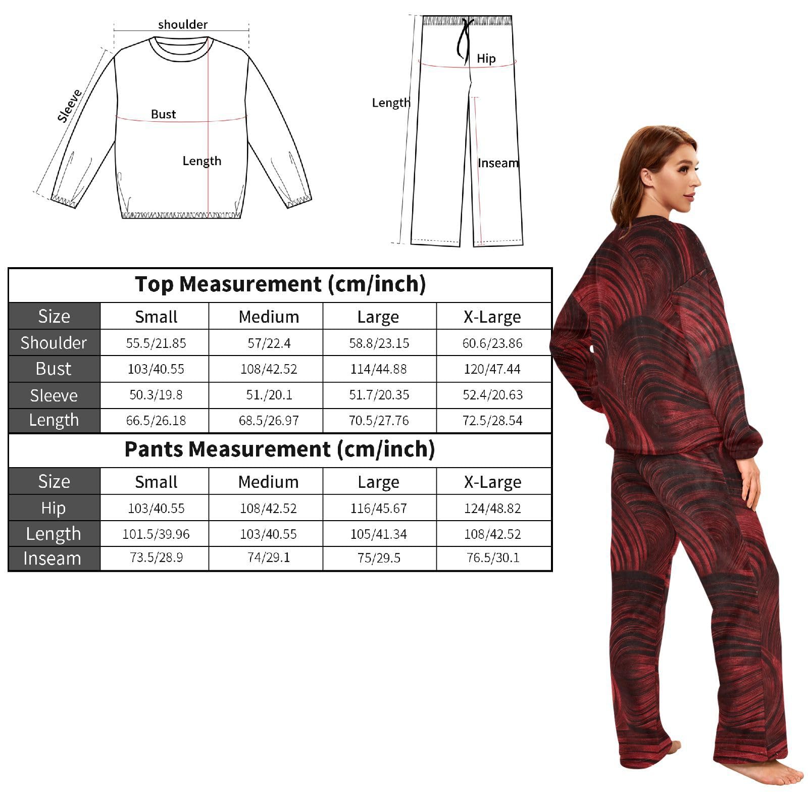 Set pigiama da donna in morbido velluto, a maniche lunghe, confezione da 2, colore: rosso