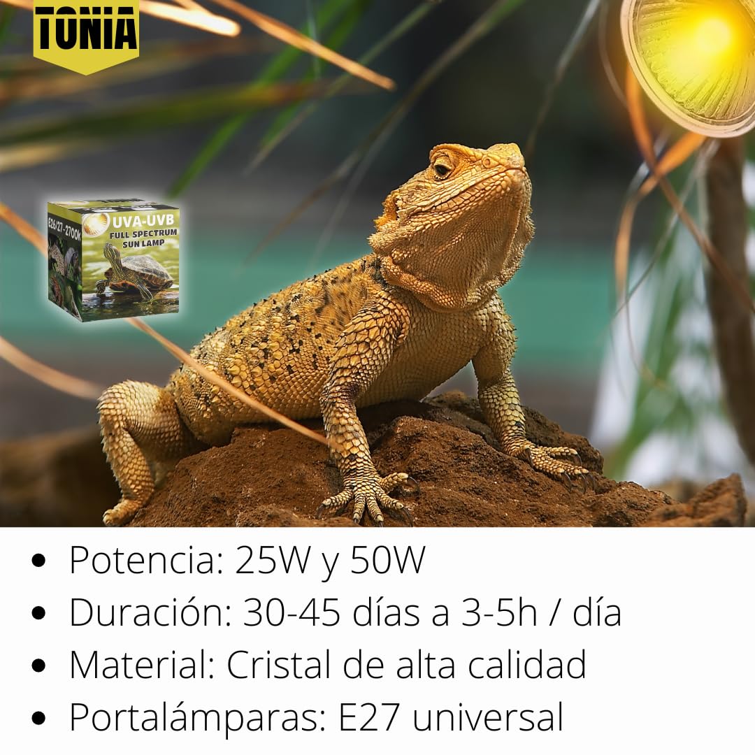 Tonia Kit de 4 Bombillas UVA/UVB + Portalámparas para Reptiles – 2x25W + 2x50W – Luz Solar de Espectro Completo para Terrarios y Acuarios Tortugas, Camaleones – 360º