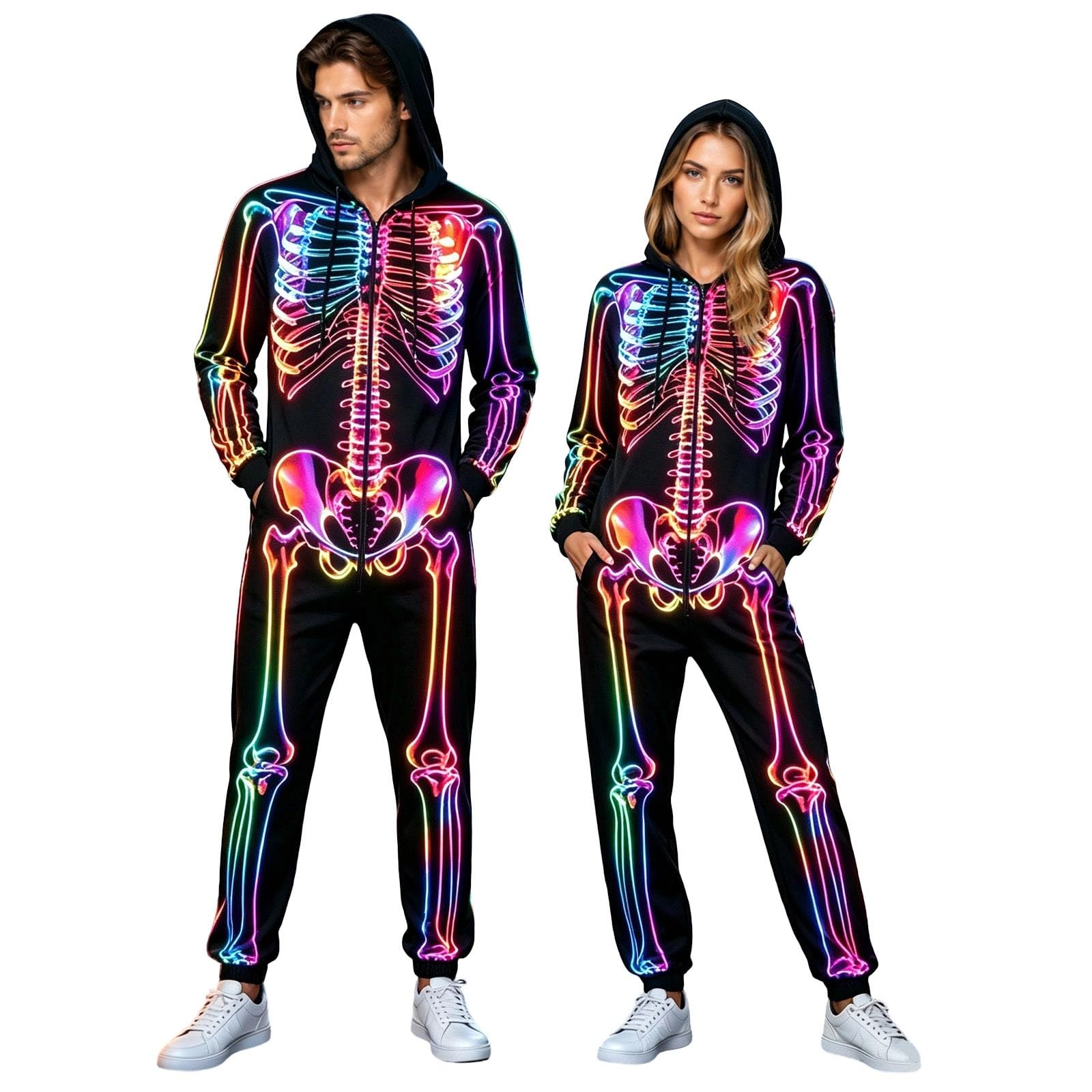 Skeleton Costume, Halloween Costumes Men Skeleton Onesie Adult Horror Skelettkostüme Zip-Up-Kapuze Hooded Jumpsuit Pyjama Nachtwäsche Homewear Fancy Dress Cosplay Kostüm