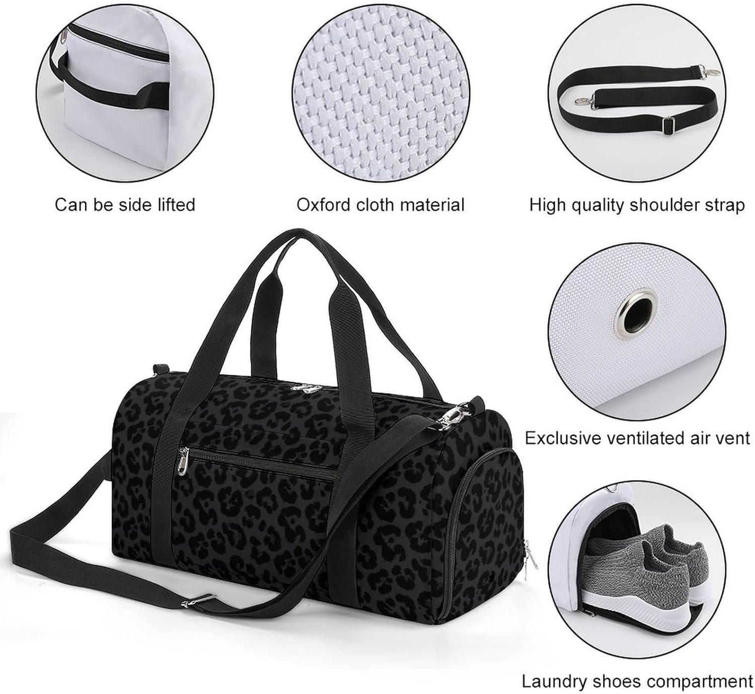 Fashion Overnight Luggage bag Travel Weekender Duffle Bag Sport Beach Yoga bag Compatible with Dark Gray Leopard Cheetah Print Black