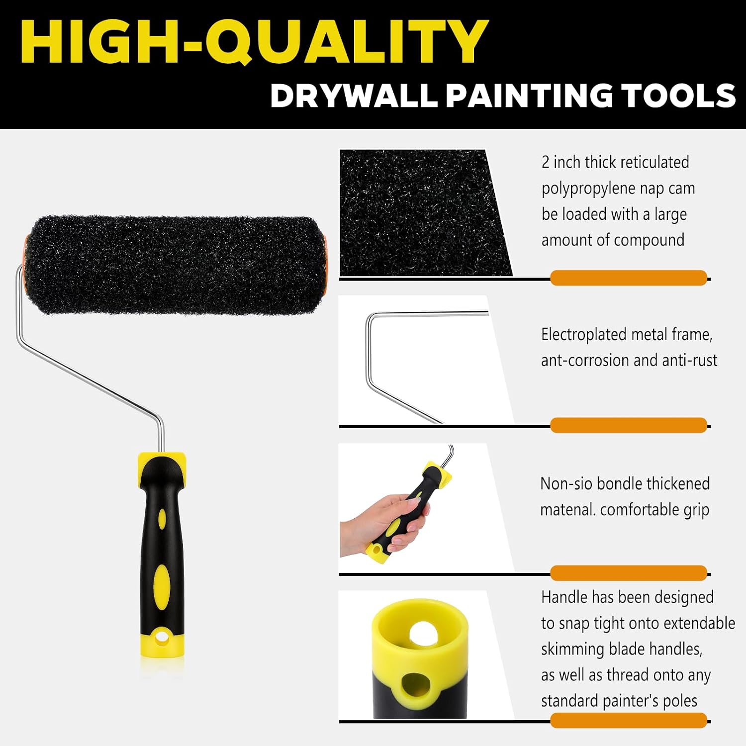 3 Pcs 9 Inch Drywall Compound Roller Cover with 1 Pcs Paint Frame, Drywall Texture Roller Brush, Drywall Mud Paint Roller for Painting Walls and Ceiling Surfaces