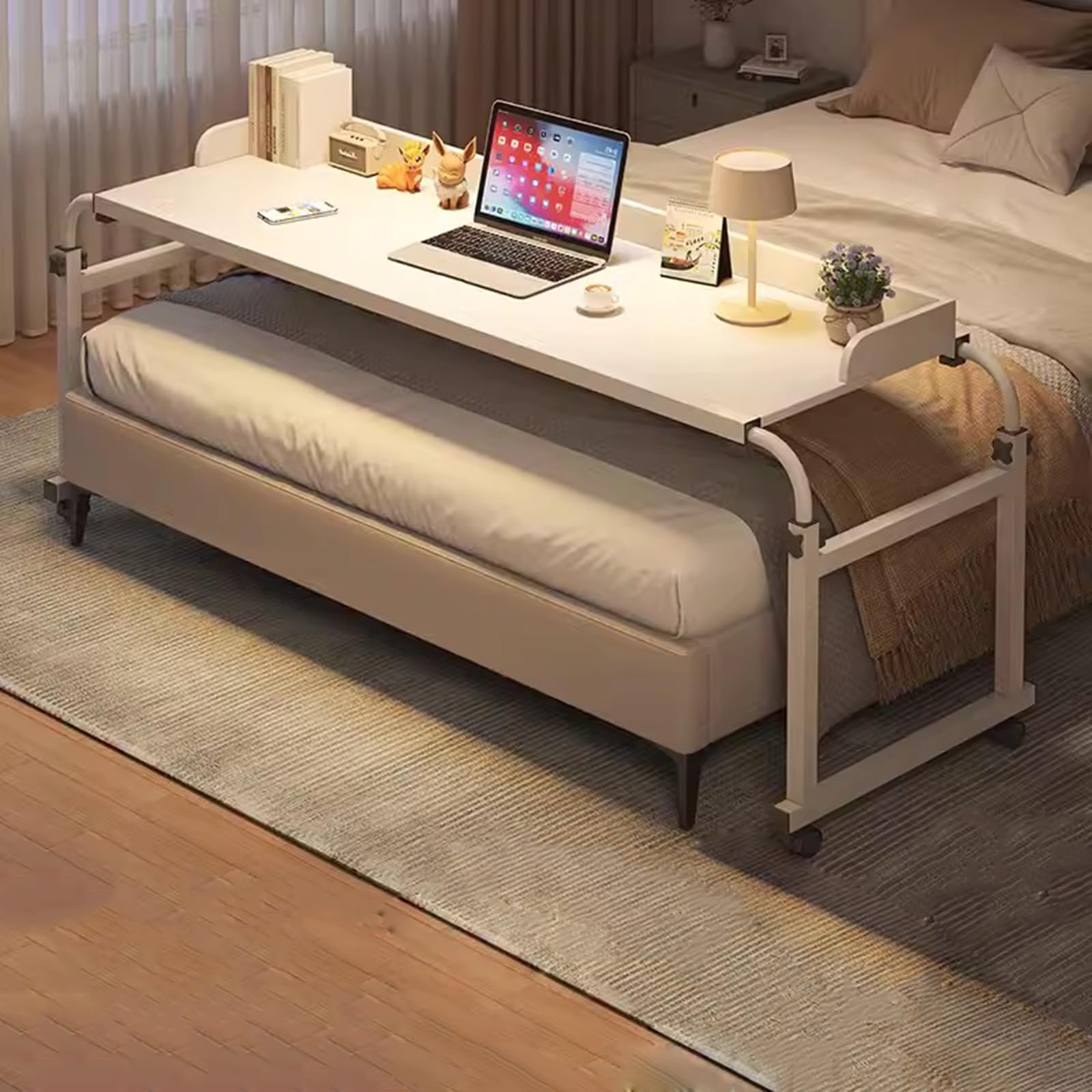 Tavolo da letto con ruote, altezza e lunghezza regolabili, postazione di lavoro da comodino, vassoio per alimenti e tavolino per laptop per letti king size