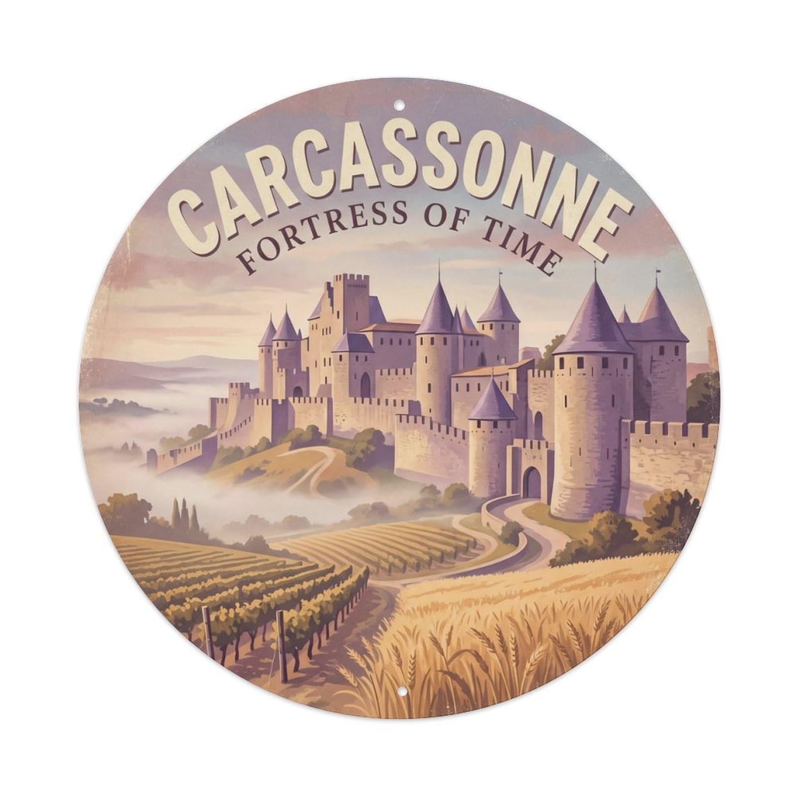 Cmhok Vintage Style Vintage Travel Carcassonne France Citadel Metal Tin Sign Plaque Wall Decor For Cafe, Club, Garden Round Metal Poster 8X8inch