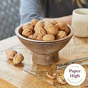 Paper High Hand Carved Leaf Design Mango Wood Fruit Bowl | Fair Trade | Handmade | Sustainable Wooden Bowls