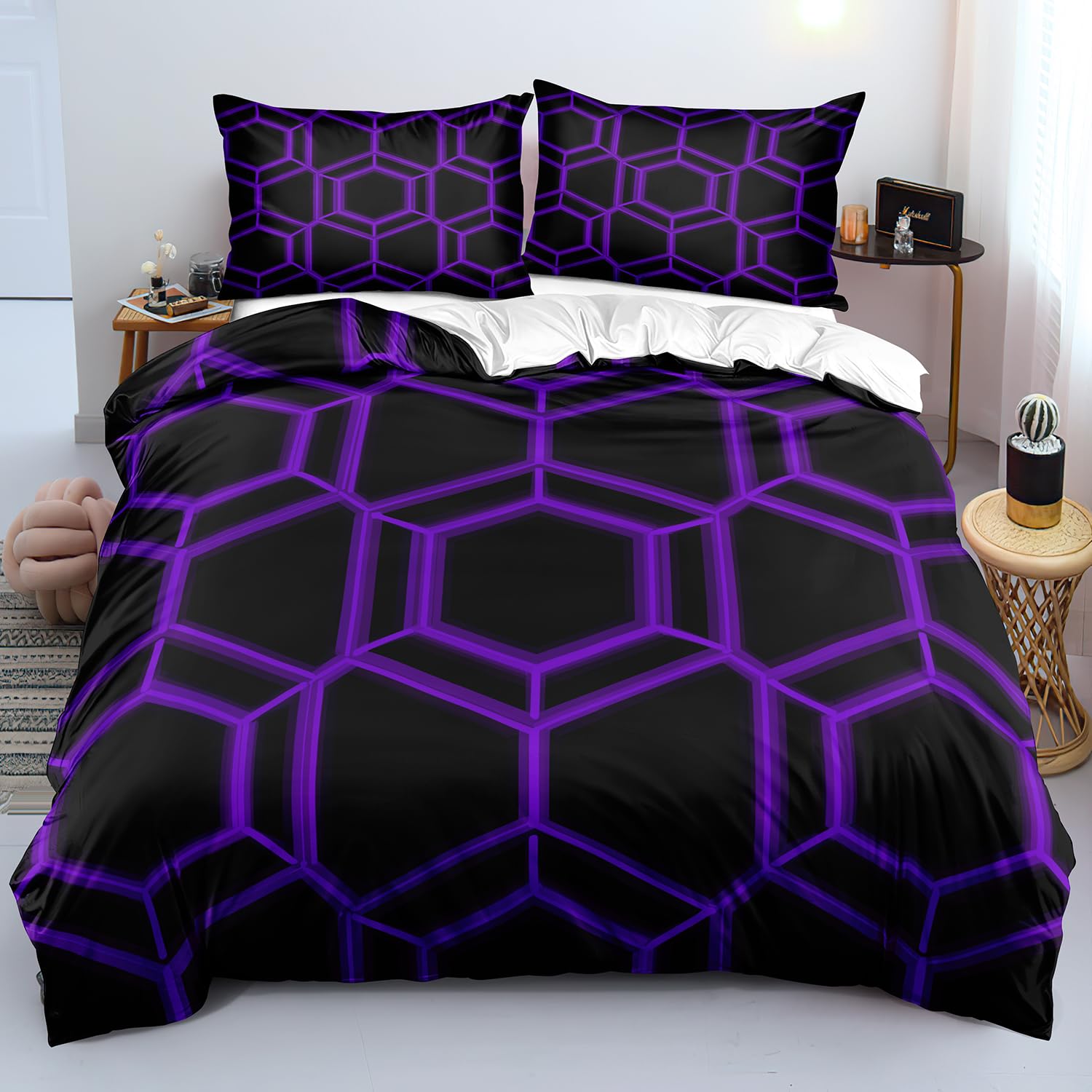 Housse de couette géométrique abstraite violette et noire 200x200 lit adolescent