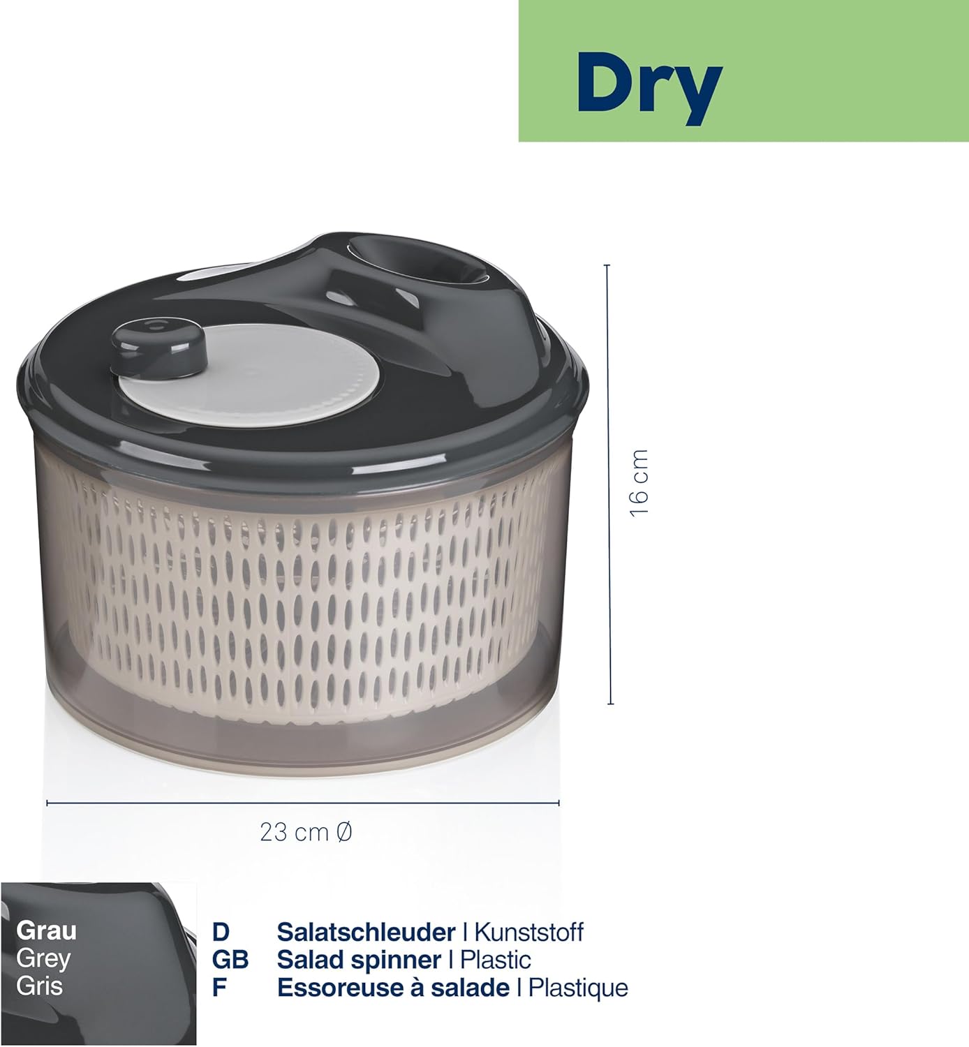 kela 12099 Salad Spinner with Lid 23 cm Dry, Salad Spinner, Plastic Strainer, Colander for Vegetables, Fruits, Penne, Grey, Plastic