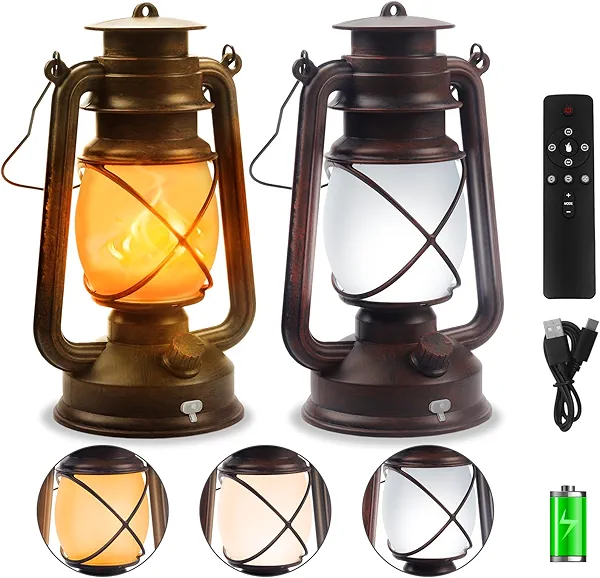 Wondrastical 2 Pack Bronze Vintage 4 Modes Light LED Lanterns，Rechargeable Dancing Flame Lanterns Decorative Outdoor&Indoor, Remote Control Waterproof Hanging Lights for Camping,Patio Garden Pathway