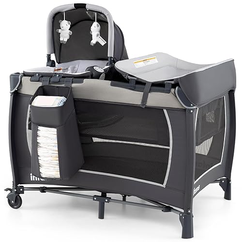 Miniatura 11 de INFANS Parque 4 en 1, Centro de Guardería Portátil para Bebé Niño Infante, Corral de Viaje con Moisés, Colchón, Cambiador de Pañales, Bolsa,