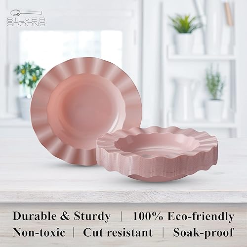 Miniatura 5 de Elegantes platos de plástico para fiestas con borde festoneado (10 unidades), platos de sopa desechables de alta resistencia para recepción de boda,