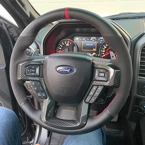 Miniatura 4 de Funda para volante de piel perforada negra y gamuza roja, costura a mano en envoltura para Ford F150 Raptor 2016-2019