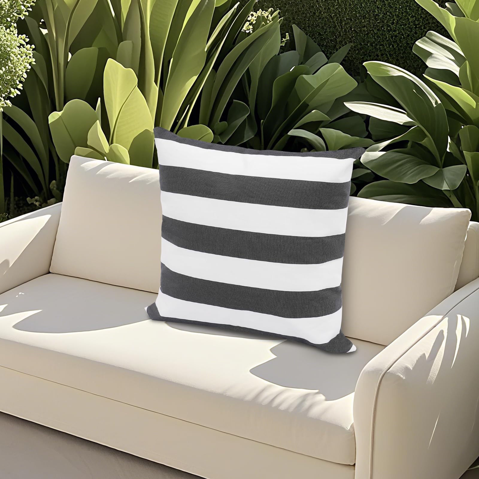 Coussin d’extérieur avec garnissage imperméable Sofakissen 45x45cm, motif rayé, fermeture éclair invisible pour jardin, balcon, canapé et plage (Noir, Blanc)
