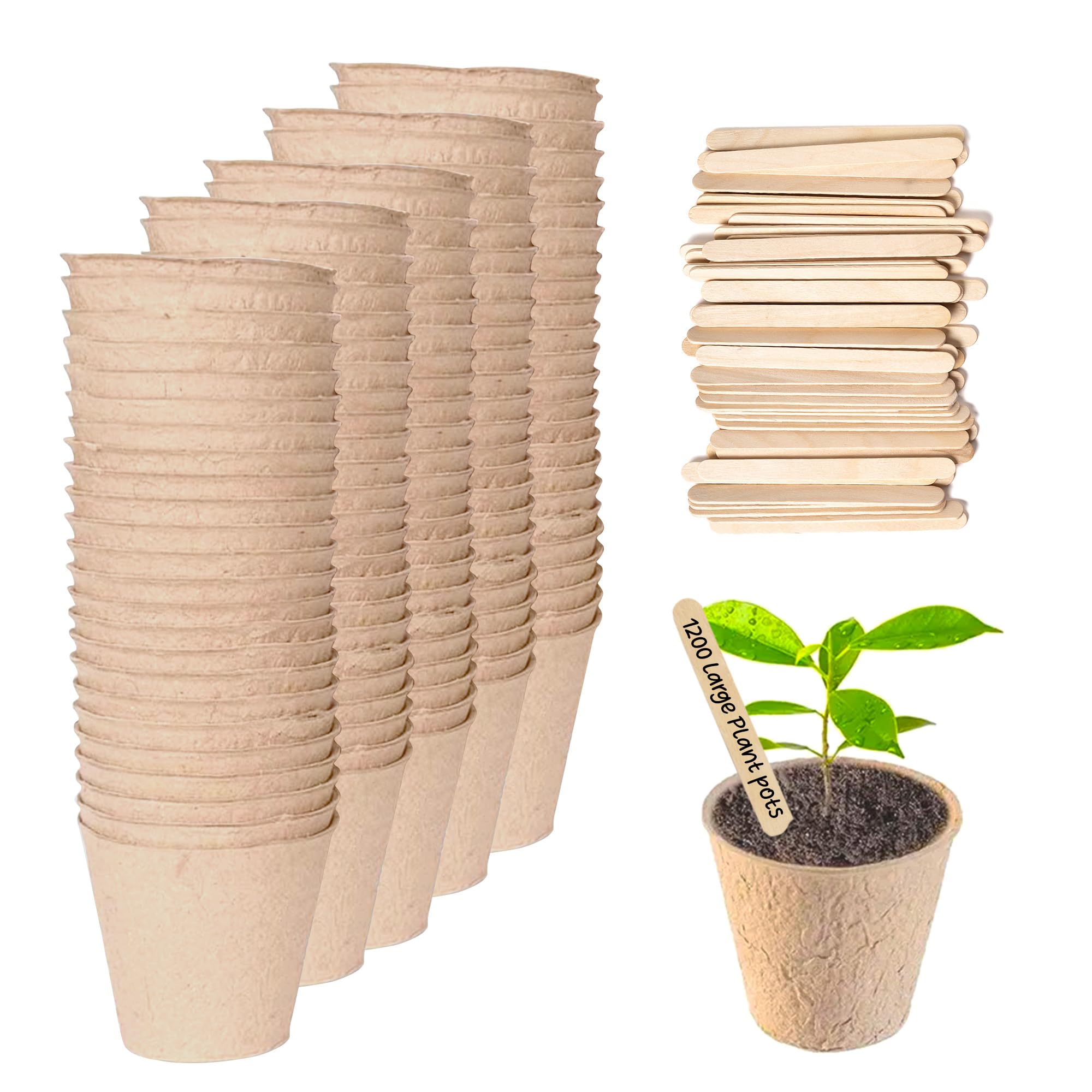 Green Thumbz Plant Pots - 1,200 Pack (8cm) Fibre Pots for Seedlings with Wooden Labels for Easy Transplanting - Large Plant Pots for Seedlings, Vegetables, Flowers and Herbs
