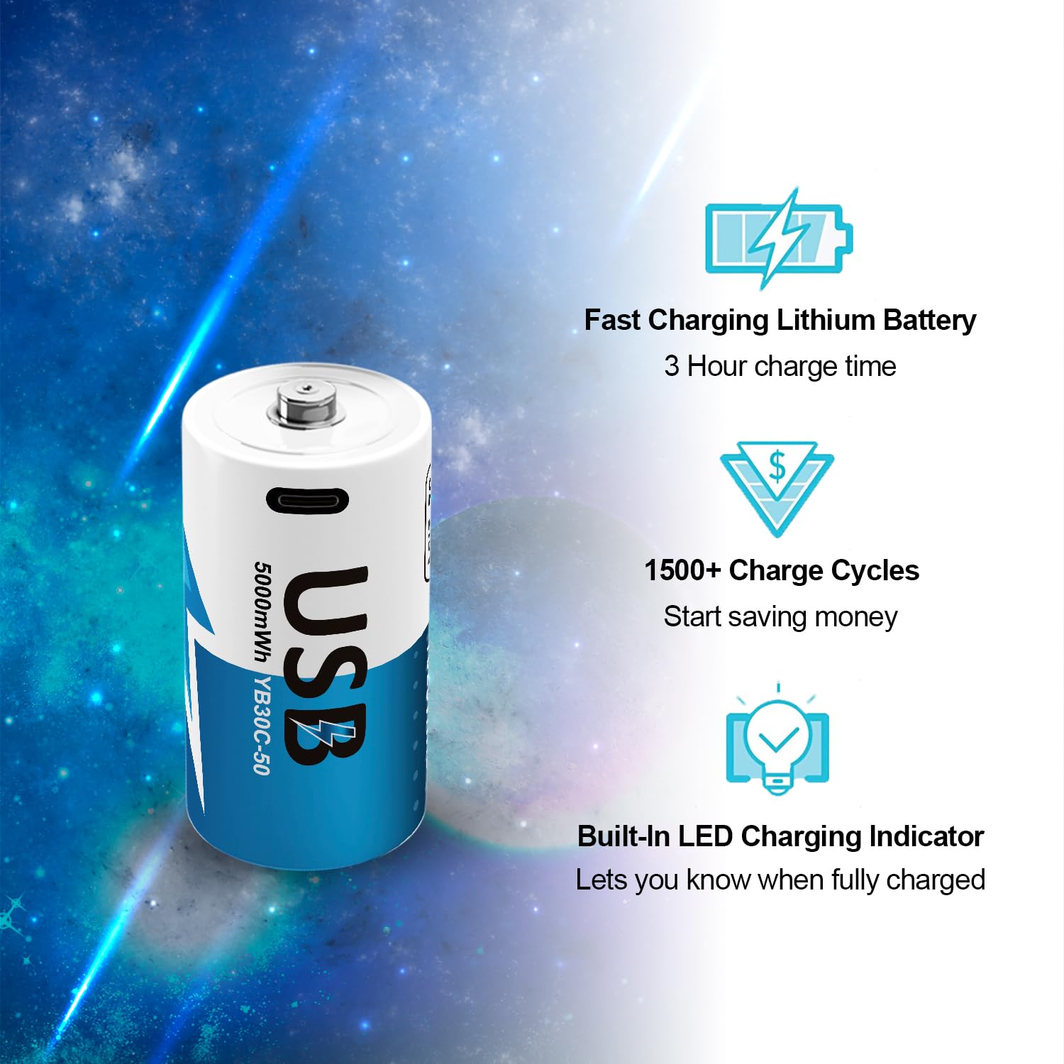 Confezione da 8 batterie ricaricabili al litio C con cavo di ricarica USB-C 4 in 1, batterie agli ioni di litio C Cell LR14, 1,5 V, 5000 mWh, per proiettori, telecomandi, radio, giocattoli