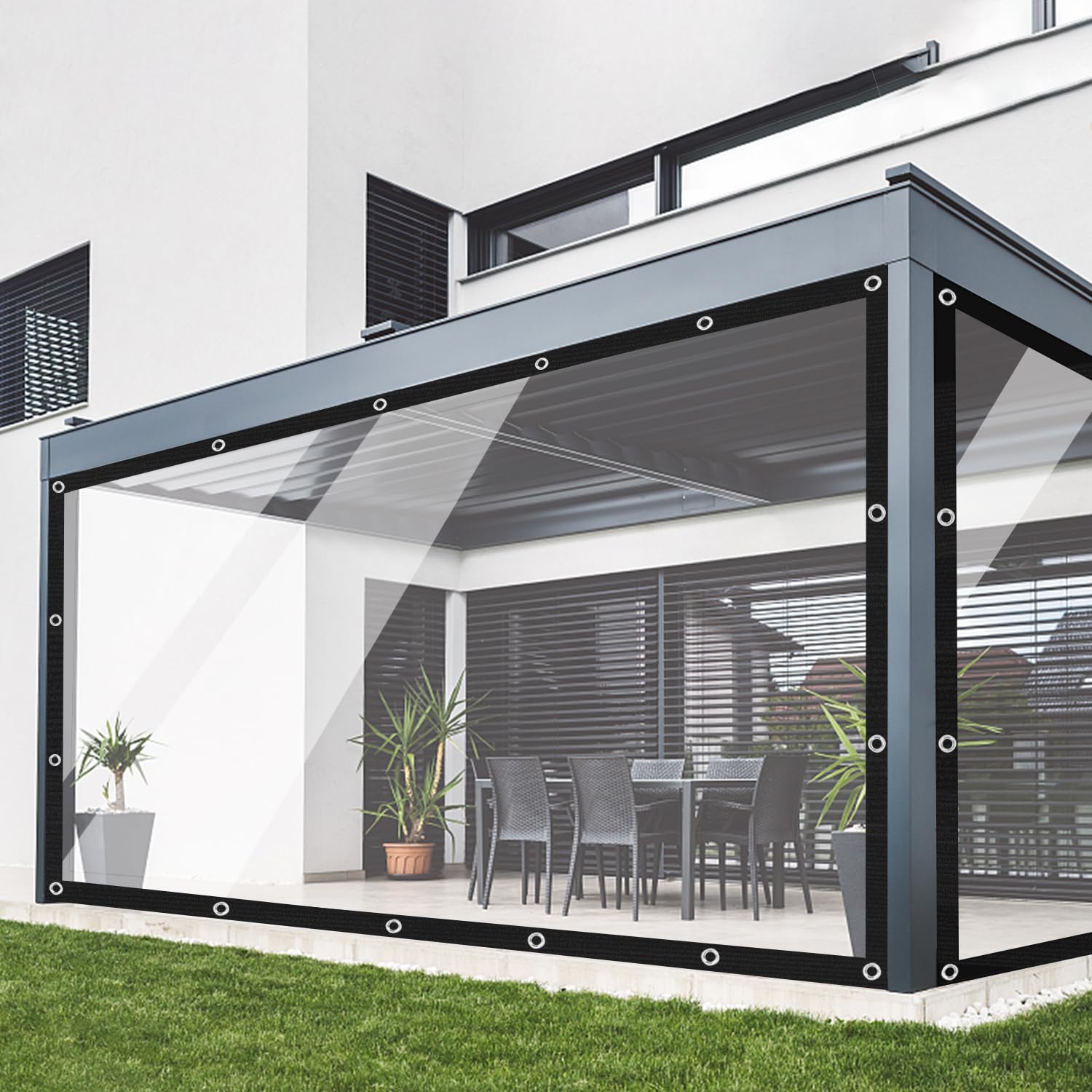 Ezcasch Doorzichtig zeil met ritssluiting, 2,5 x 3,5 m (hoogte x breedte), robuust, doorzichtig zeil met ingestanste ringen, 420 g/m², transparant