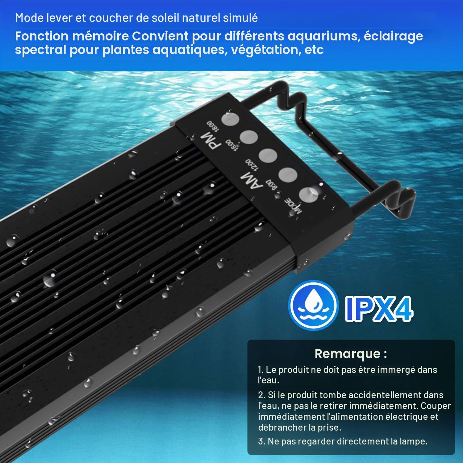 30W LED éclairage d'aquarium, 24/7 mode lampe d'aquarium, 10 niveaux de gradation, pour aquariums d'eau douce de 90-120cm, plusieurs modes climatiques