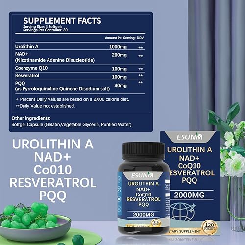 Miniatura 2 de Urolitina A Suplemento 1,000 mg con NAD+, CoQ10, Resveratrol, Suplemento PQQ para un envejecimiento saludable, antioxidantes y apoyo mitocondrial,